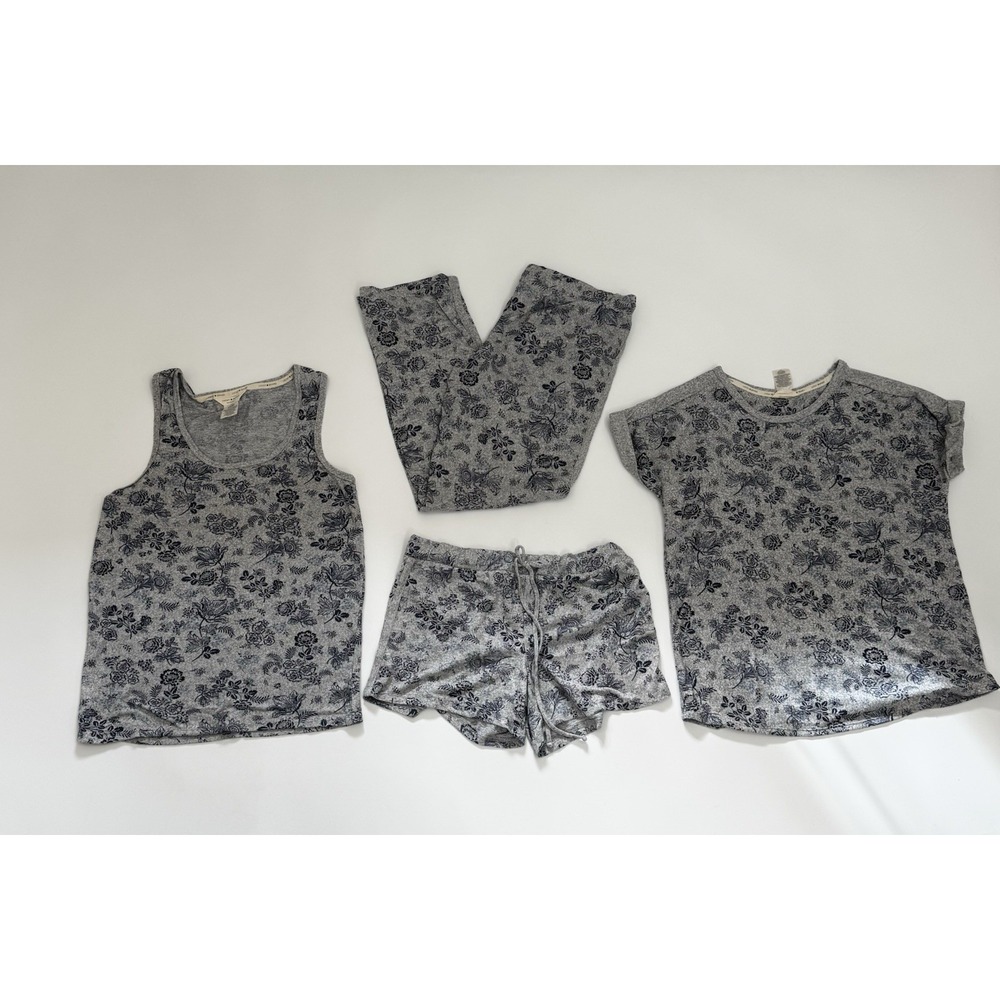 Lucky Brand Women's 4-Piece Pajama Set Gray And Blue Floral- Size Small